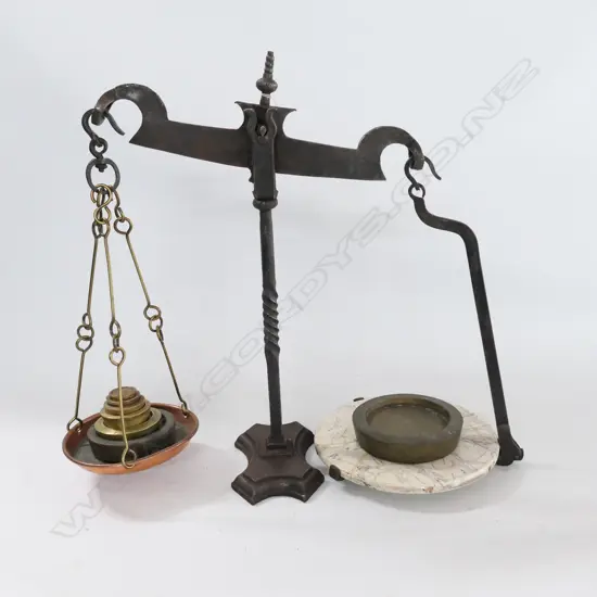 CAST IRON GROCER'S SHOP SCALES w ORIGINAL PORCELAIN TRAY (REGLUED) & REPLACEMENT? COPPER PAN